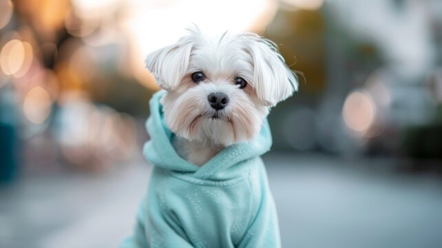 A white dog with a blue sweater sitting in the streets with a blurred bokeh background, dog clothes, a dog dressed in clothes