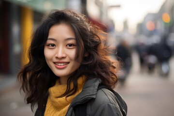 Korean Beautiful Woman in her 20s or 30s talking head shoulders shot bokeh out of focus background on a cosmopolitan western street vox pop website review or questionnaire candid photo - obrazy, fototapety, plakaty