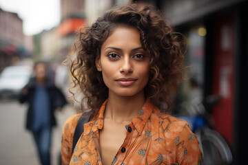 A Indian Beautiful Woman in her 20s or 30s talking head shoulders shot bokeh out of focus background on a cosmopolitan western street vox pop website review or questionnaire candid photo - obrazy, fototapety, plakaty