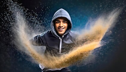 Obraz premium Dust Explosion Effect hooded teenager leaps into the air, isolated on a dark background 