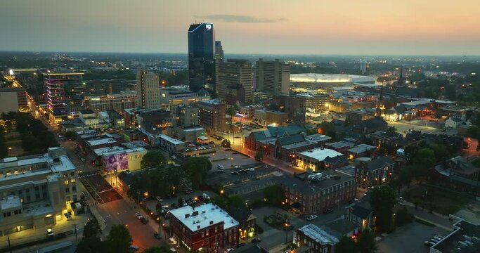 Urban landscape of downtown district of Lexington in Kentucky state, USA. American city skyline with high commercial buildings at sunset