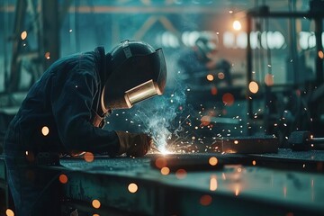 Welder at work Industrial setting with sparks Skilled labor concept - obrazy, fototapety, plakaty