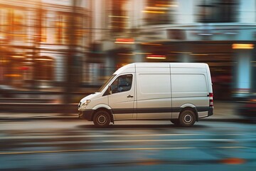 Fototapeta na wymiar White delivery van in motion Symbolizing fast and reliable service in urban and suburban delivery