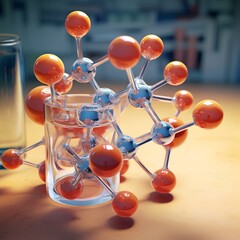 A glass of water sits on a table with a model of a molecule