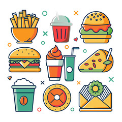 Fast food icon set in line style. Vector illustration in a flat design.