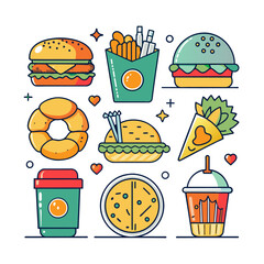Fast food icons set in thin line style. Burger, cheeseburger, donut, french fries, soda drink, donut, ice cream. Vector illustration.