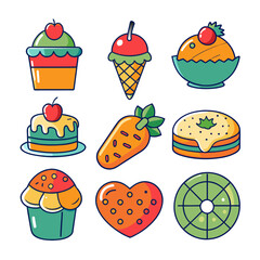 Vector set of food icons in doodle style. Vector illustration.