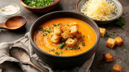 Cream soup and bread croutons are arranged visually attractive, evenly distributed in the frame. The soup is decorated with fresh herbs or a small amount of cream.