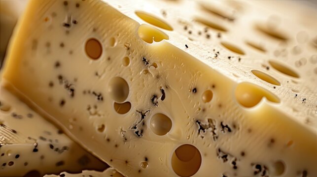 the texture, color and unique characteristics of Maasdam cheese, including its large holes. Patterns and irregularities on the surface of the cheese.