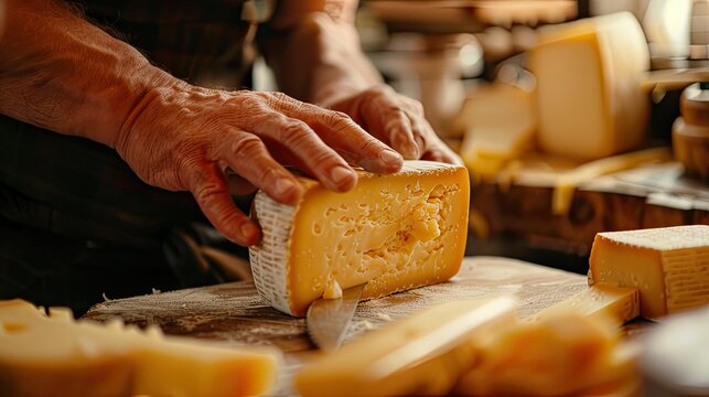 the presence of the cheesemaker and his hand holding a slice of Maasdam cheese to tell the story of the cheese making process.