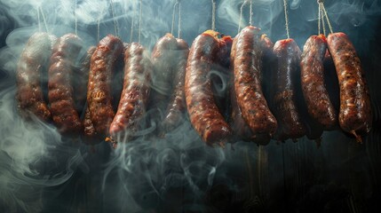 smoky atmosphere, hanging sausages with swirling clouds of smoke enveloping them. Contrast between dark smoke and lighter surroundings.