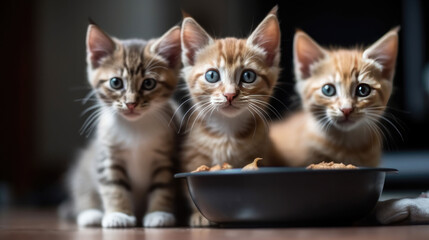 A group of cute kittens sit next to the bowl with cat food. National Siblings day