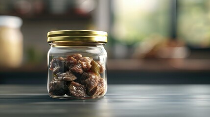 glass jar with canned meat on a rustic wooden table. In the background are elements such as fresh produce or farming tools to reinforce the concept of organic farming. - obrazy, fototapety, plakaty