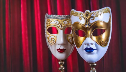 High quality Comedy and Tragedy theater venetian mask two in one with red theater curtain 