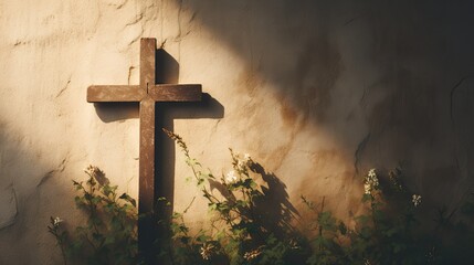 Cross-shaped shadow cast on a wall, concept of constant presence of faith.
