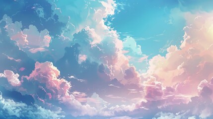 Dreamy cloudscape in pastel hues. Surreal sky with pink, blue, and purple tones. Artistic depiction of a serene, cotton candy clouded sky.