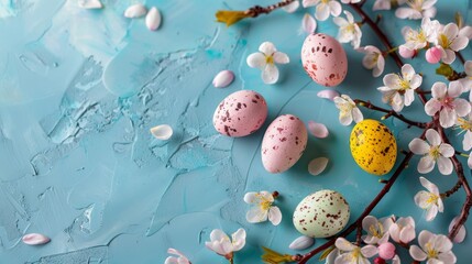 Easter eggs with cherry blossoms on blue texture. Springtime Easter decoration with floral elements. Pastel Easter eggs among cherry blossoms.