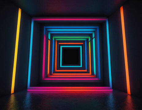 3d room with colorful glowing neon lights 
