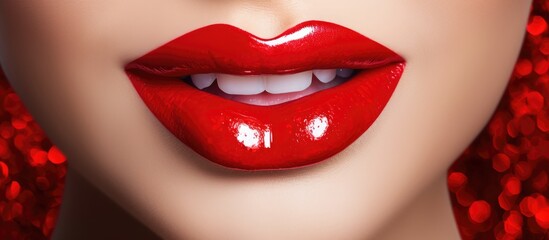 A close-up view of a womans smiling lips with red lipstick in a heart-shaped cutout, showcasing bright evening makeup, lip gloss, and cosmetics.