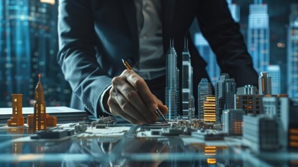 A corporate financier structuring deals at a sleek conference table model skyscrapers and financial instruments at hand - obrazy, fototapety, plakaty