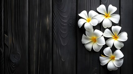 Obraz premium Serene White Frangipani Flowers on a Textured Black Wooden Background. A luxurious ebony background
