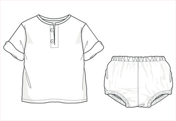Adorable Designs for Newborns, Vector Illustrations of Baby Clothes, Flat Sketches, and Technical Drawings. Baby Clothing Collection and Sets. Bottom and top set designs for babies.