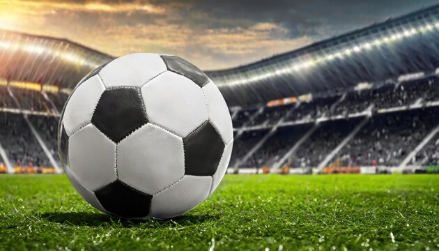 High quality photo. one black and white football ball over green turf of soccer field