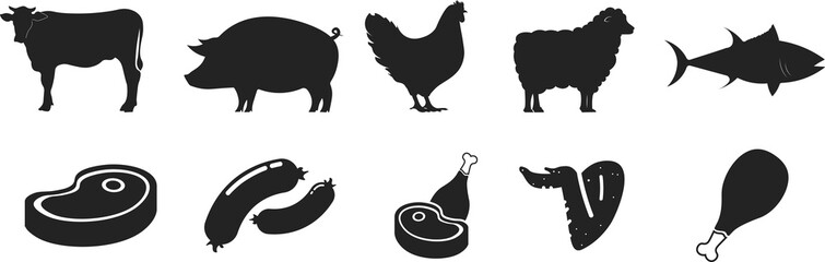Bundle set pictogram icon of meats and animals, cow, pig, chickem, lamb, fish