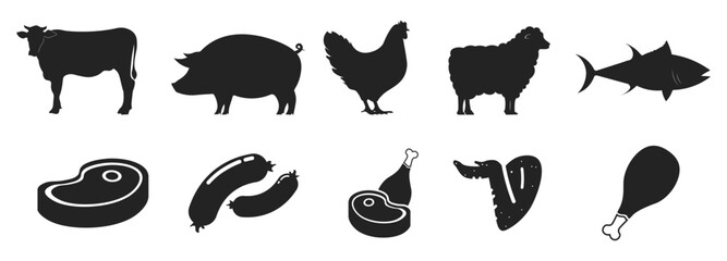 Bundle set pictogram icon of meats and animals, cow, pig, chickem, lamb, fish - obrazy, fototapety, plakaty