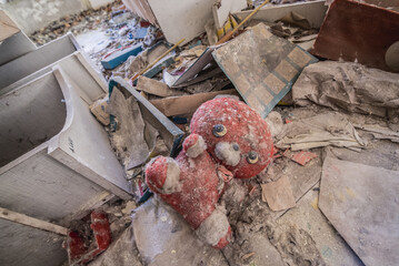 Toy in Kindergarten No. 10 Cheburashka in Pripyat ghost city in Chernobyl Exclusion Zone, Ukraine