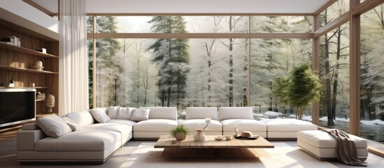 Fototapeta premium A living room filled with various pieces of furniture such as a sofa, coffee table, and armchairs. A large window at one end of the room lets in plenty of natural light, illuminating the space.