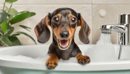 High quality photo. Dachshund dog, spoiled puppy sitting in bubble bathtub with suds, mouth