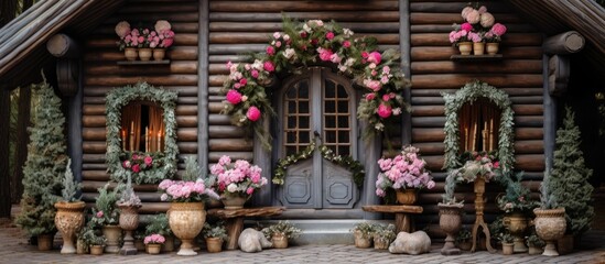 A wooden log cabin adorned with various potted plants and vibrant flowers, creating a charming and inviting atmosphere. The plants are neatly arranged around the cabin, enhancing its rustic aesthetic.