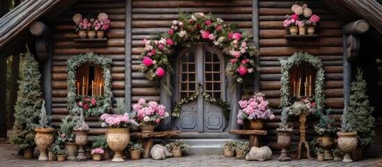 Fototapeta premium A wooden log cabin adorned with various potted plants and vibrant flowers, creating a charming and inviting atmosphere. The plants are neatly arranged around the cabin, enhancing its rustic aesthetic.