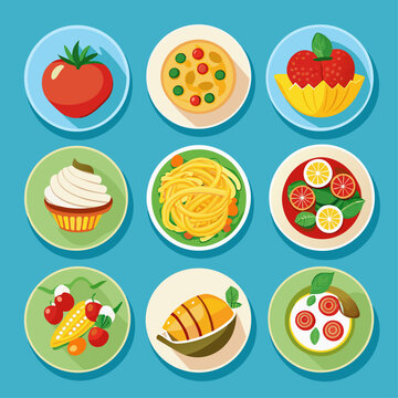 Set of food icons. Vector illustration in flat style. Pasta, cake, fruits, vegetables, berries.