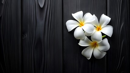 Serene White Frangipani Flowers on a Textured Black Wooden Background. A luxurious ebony background