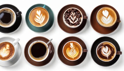 High quality photo. Set with different types of coffee cup, cappuccino, black coffee, Choco  - 754566797