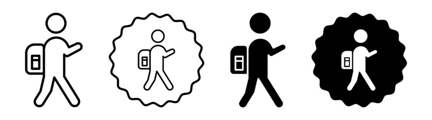 Man with backpack set in black and white color. Man with backpack simple flat icon vector