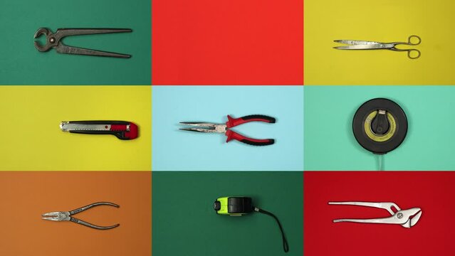 Set of different tools animated in loop on various color background. Top view, loopable 4K stop motion animation.  
