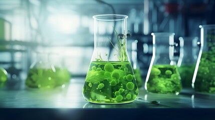 A green liquid in a glass beaker with a green plant in it
