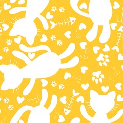 Cartoon animals accessories seamless cats and ball of threads and fish bones pattern for wrapping paper and fabrics
