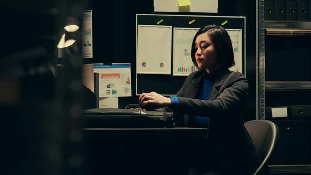 Private agent initiates background checks on individuals associated with archived cases to gather relevant information. After reading legal statements, leaving for field work. Camera B.