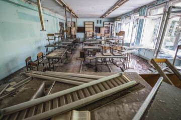 Classroom in Middle School No. 3 in Pripyat ghost city in Chernobyl Exclusion Zone, Ukraine - obrazy, fototapety, plakaty