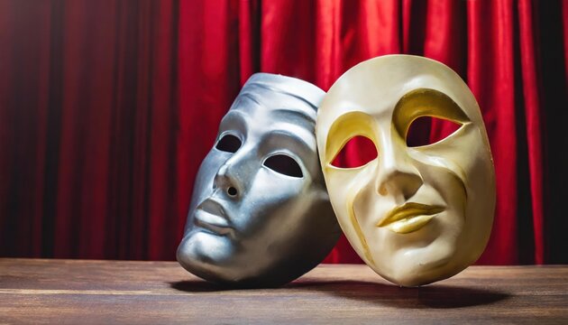 High quality Comedy and Tragedy theater venetian mask two in one with red theater curtain 