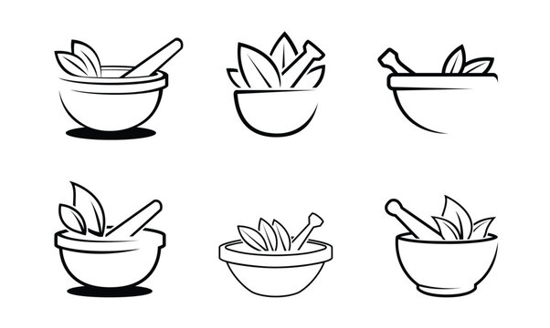 Creative bowl leaves therapy ayurveda pharma collection logo vector symbol design illustration