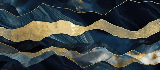 A modern wallpaper featuring abstract blue and gold wavy lines creating a textured and artistic surface like marble or granite.