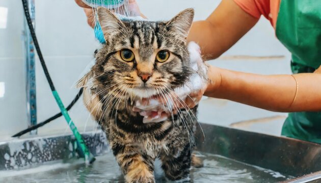 High quality photo. Woman shampooing a tabby gray cat in a grooming salon. 