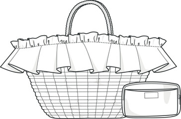 Basket Vector technical drawing, Picnic basket, Baby Care products Basket flat sketch.