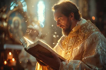 Schilderijen op glas Priest with Scripture: A Moment of Light and Spiritual Inspiration © ЮРИЙ ПОЗДНИКОВ