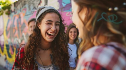 Young woman smiling among friends in front of vibrant street mural. Friendship and happiness concept